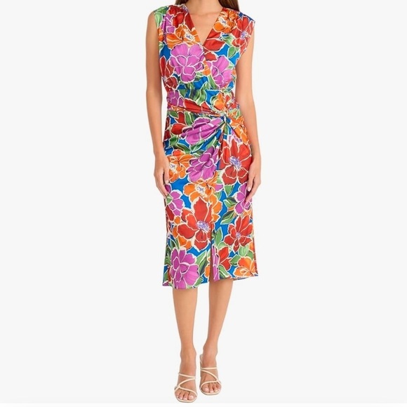 Maggy London Midi Floral Dress V-Neck Wedding Guest NWT NEW colorful Sleeveless - Picture 1 of 15